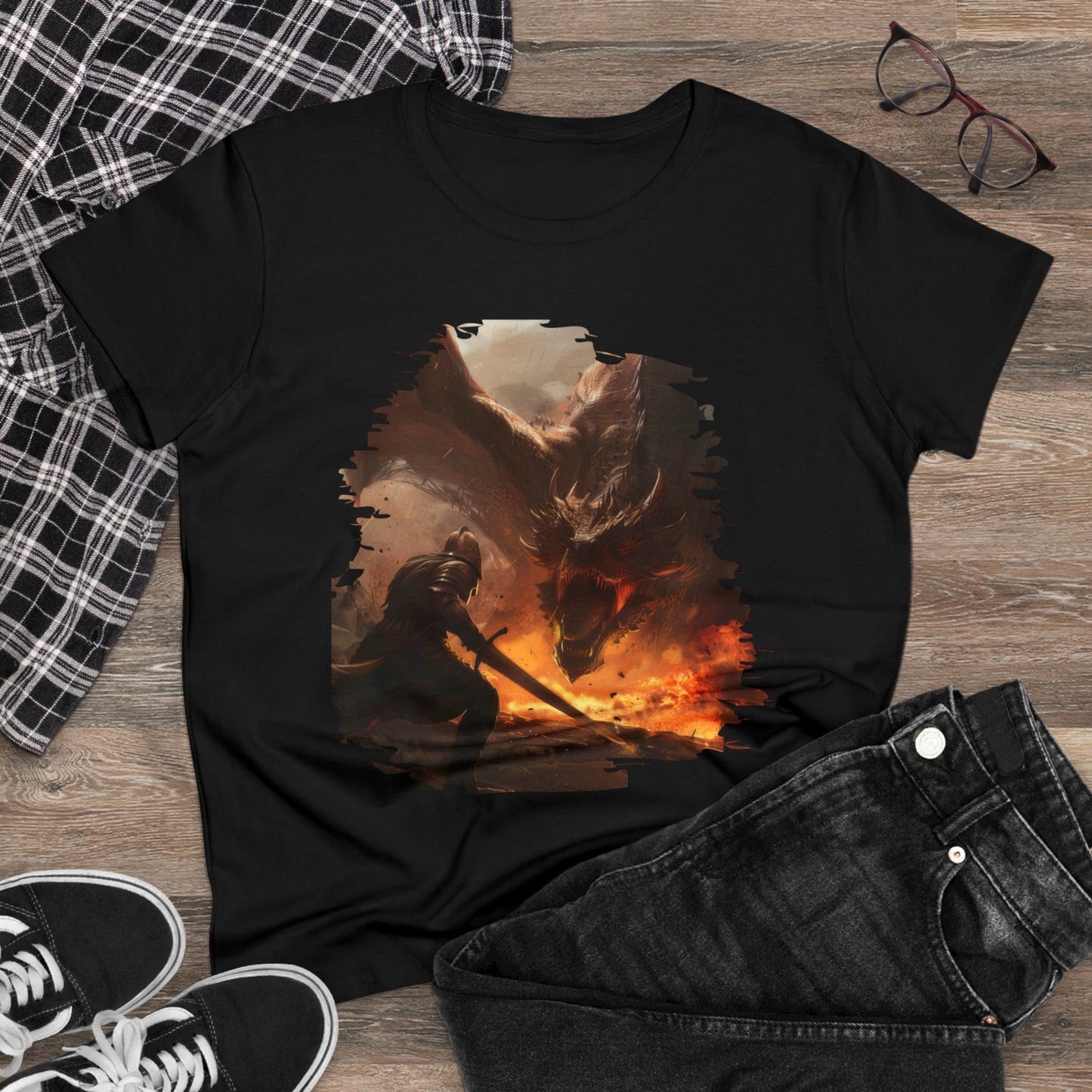 Fighter and Dragon - Fantasy - Women's Midweight Cotton Tee