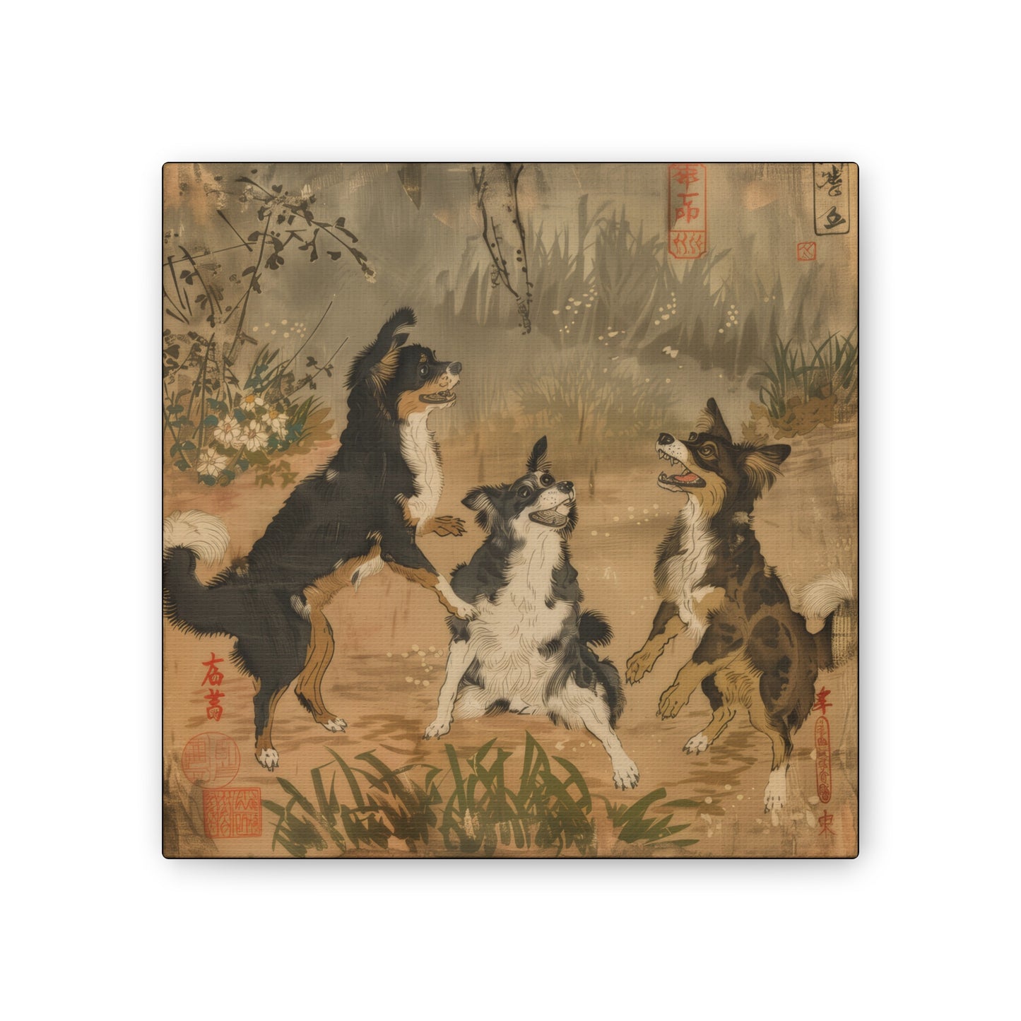 Woodblock Print Dogs - Canvas Stretched, 0.75"