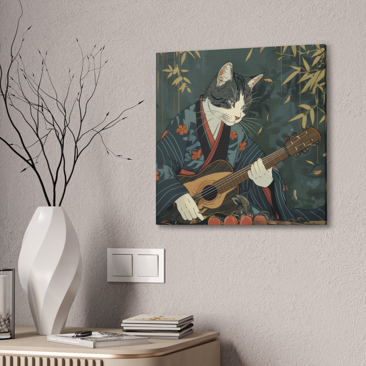 Japanese Kitty Guitarist - Canvas Stretched, 0.75" - Canvas Stretched, 0.75"