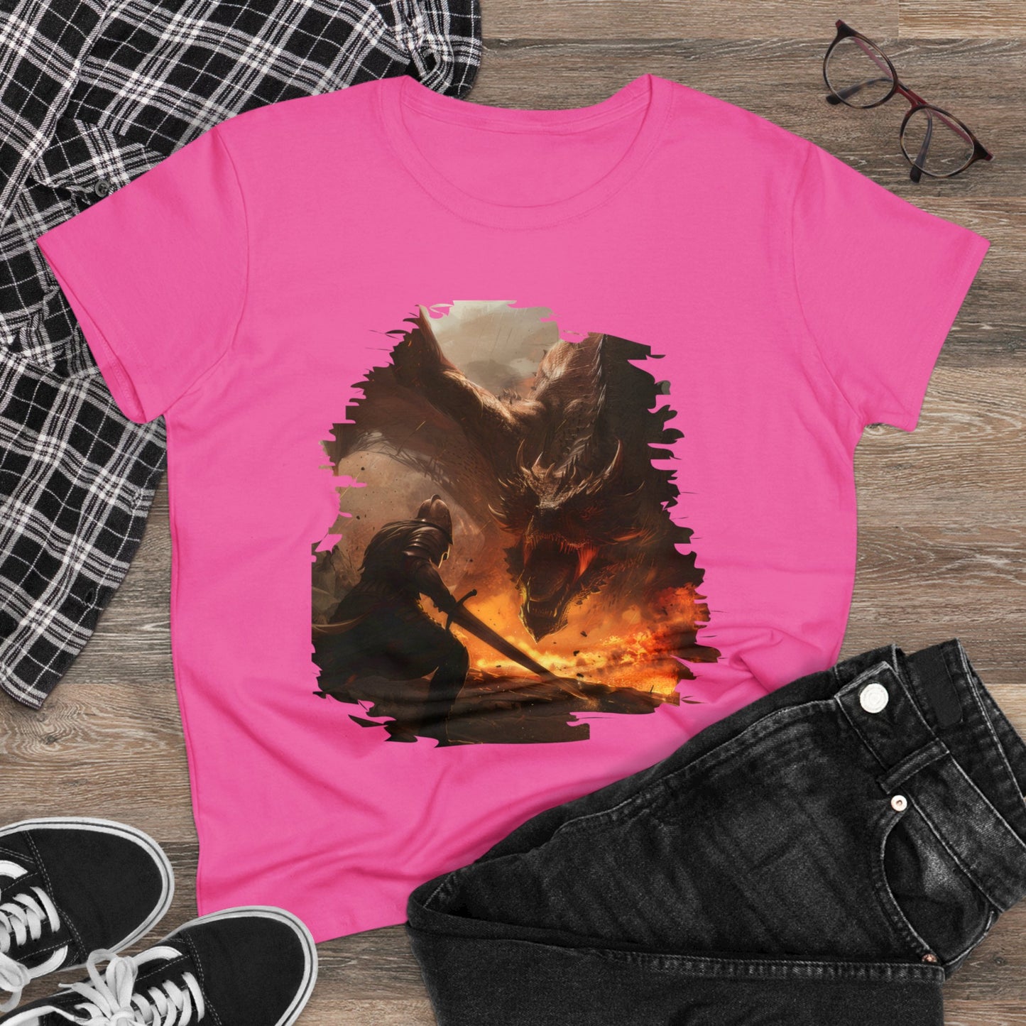 Fighter and Dragon - Fantasy - Women's Midweight Cotton Tee