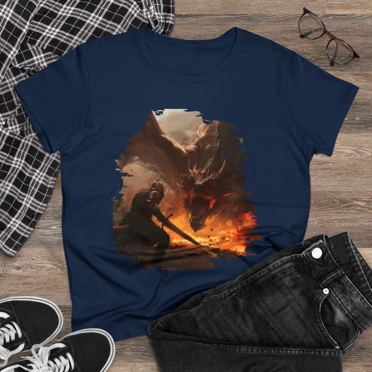 Fighter and Dragon - Fantasy - Women's Midweight Cotton Tee