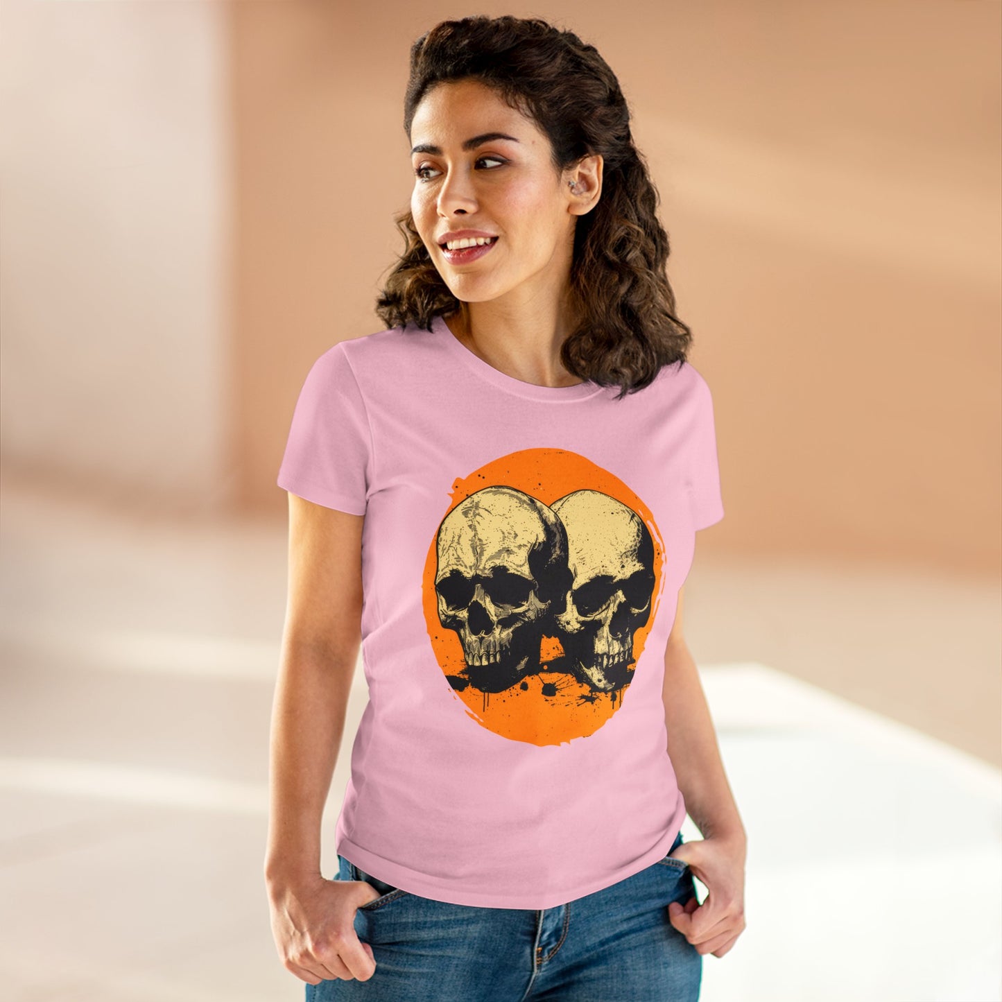 Skulls on Orange - Women's Midweight Cotton Tee