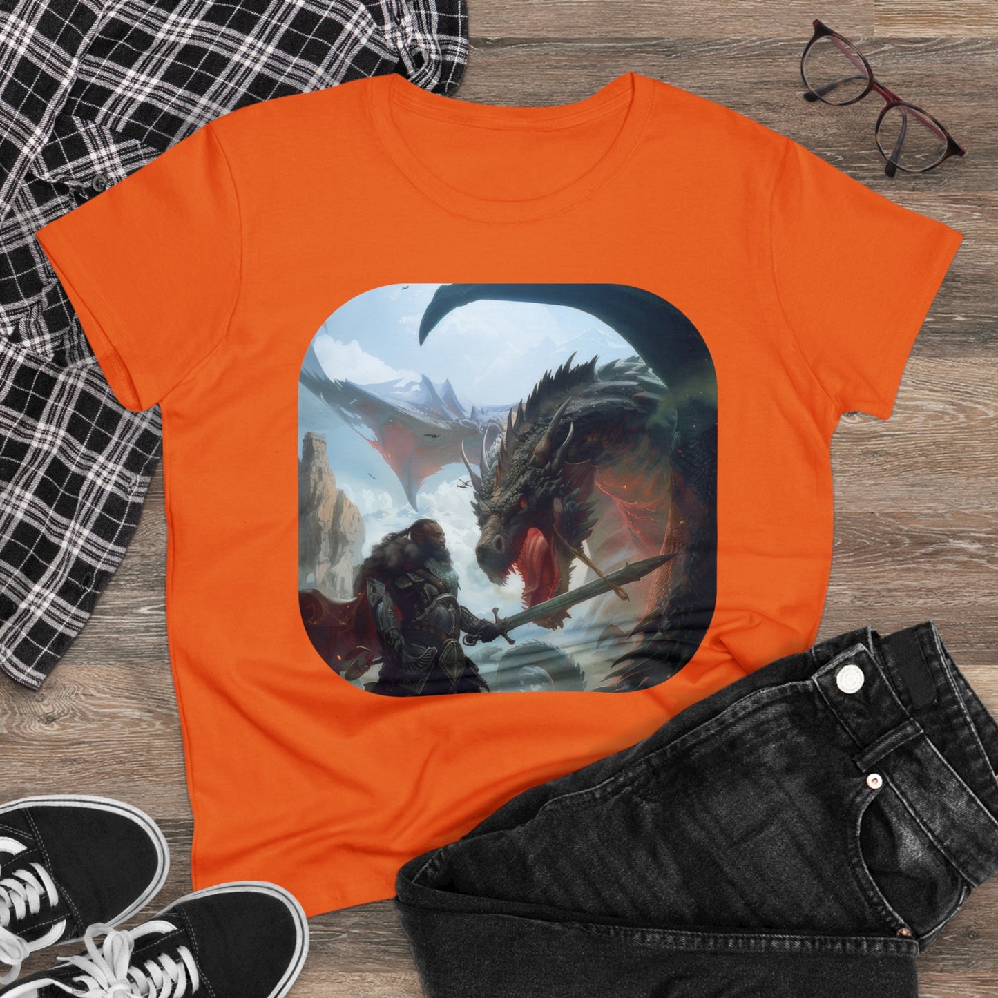 Fighter and Dragon - Fantasy - Women's Midweight Cotton Tee