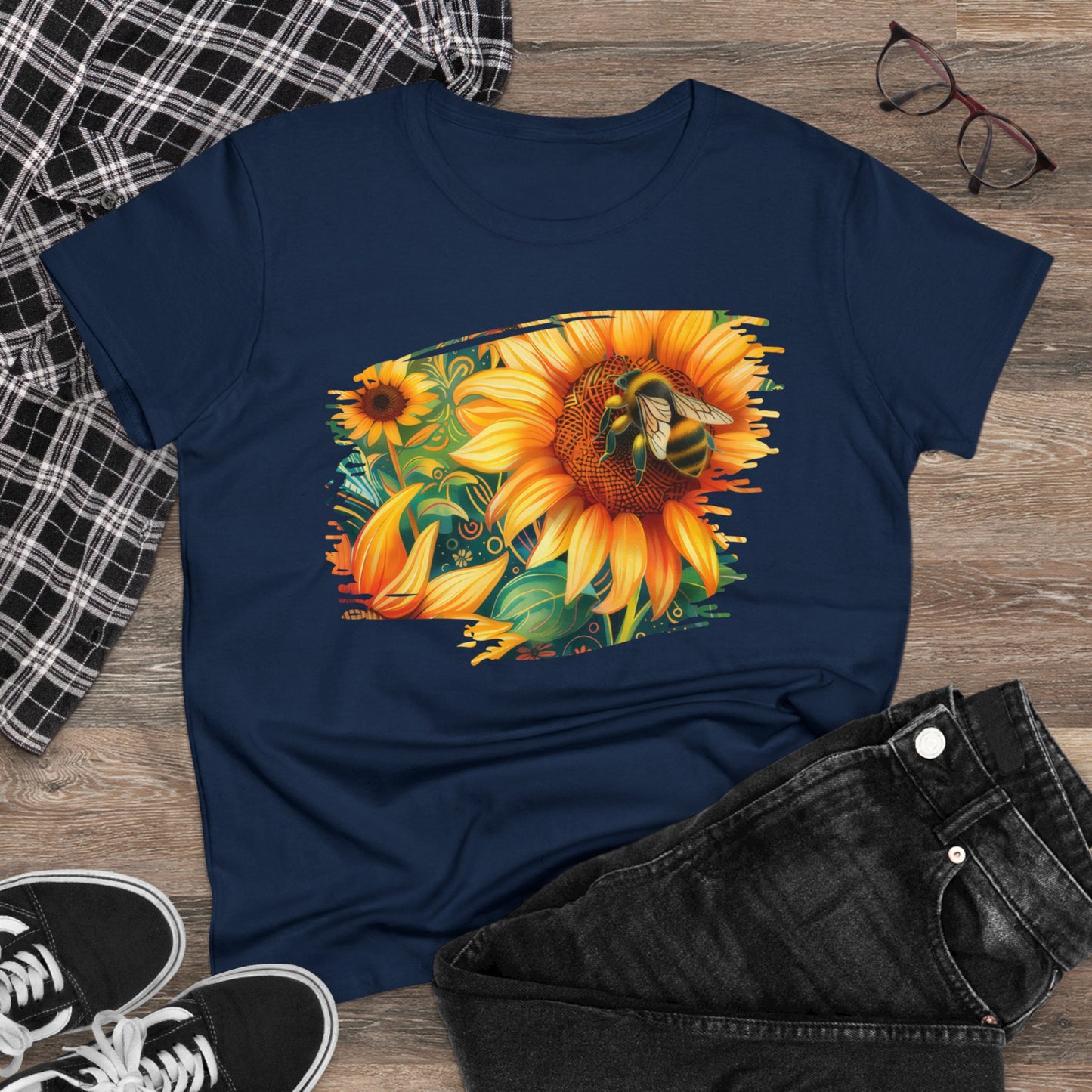 Sunflowers and Bee - Women's Midweight Cotton Tee