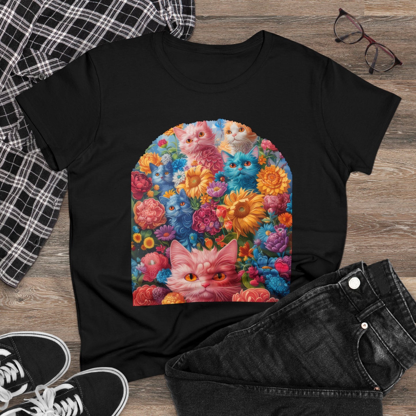 Cats and Flowers - Women's Midweight Cotton Tee