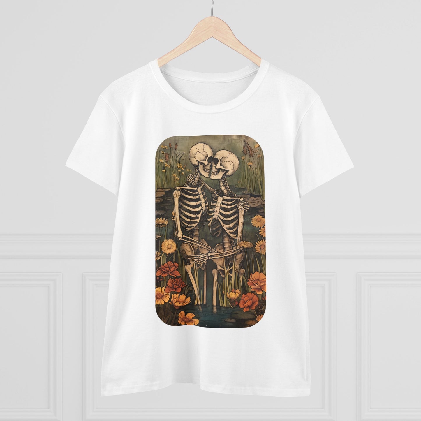 Skeleton Embrace - Flowers - Women's Midweight Cotton Tee