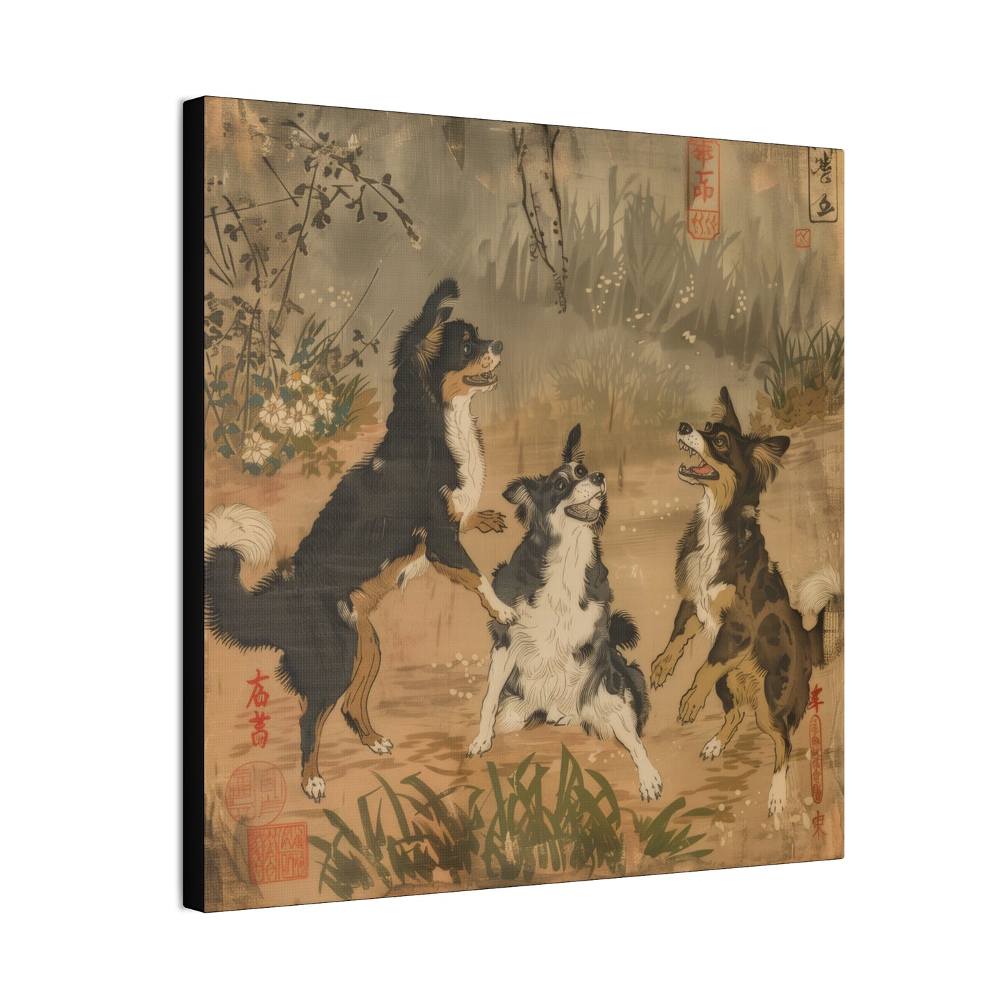 Woodblock Print Dogs - Canvas Stretched, 0.75"