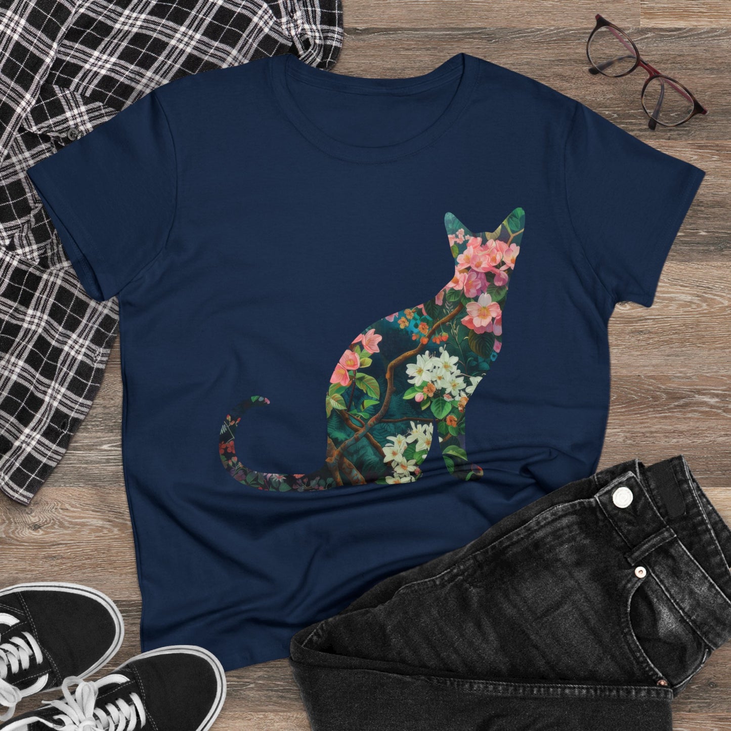 Flowery Cat - Women's Midweight Cotton Tee