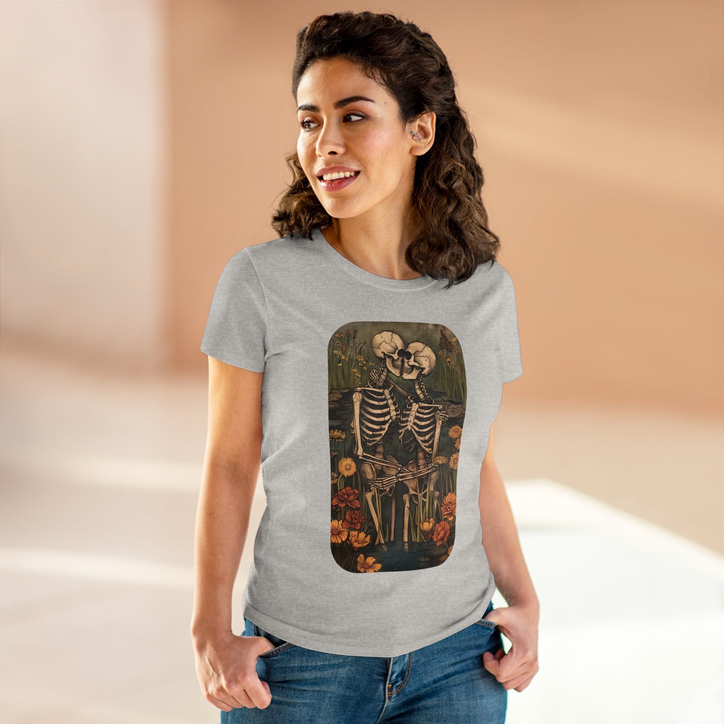 Skeleton Embrace - Flowers - Women's Midweight Cotton Tee