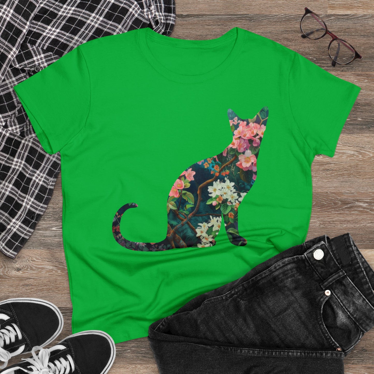 Flowery Cat - Women's Midweight Cotton Tee