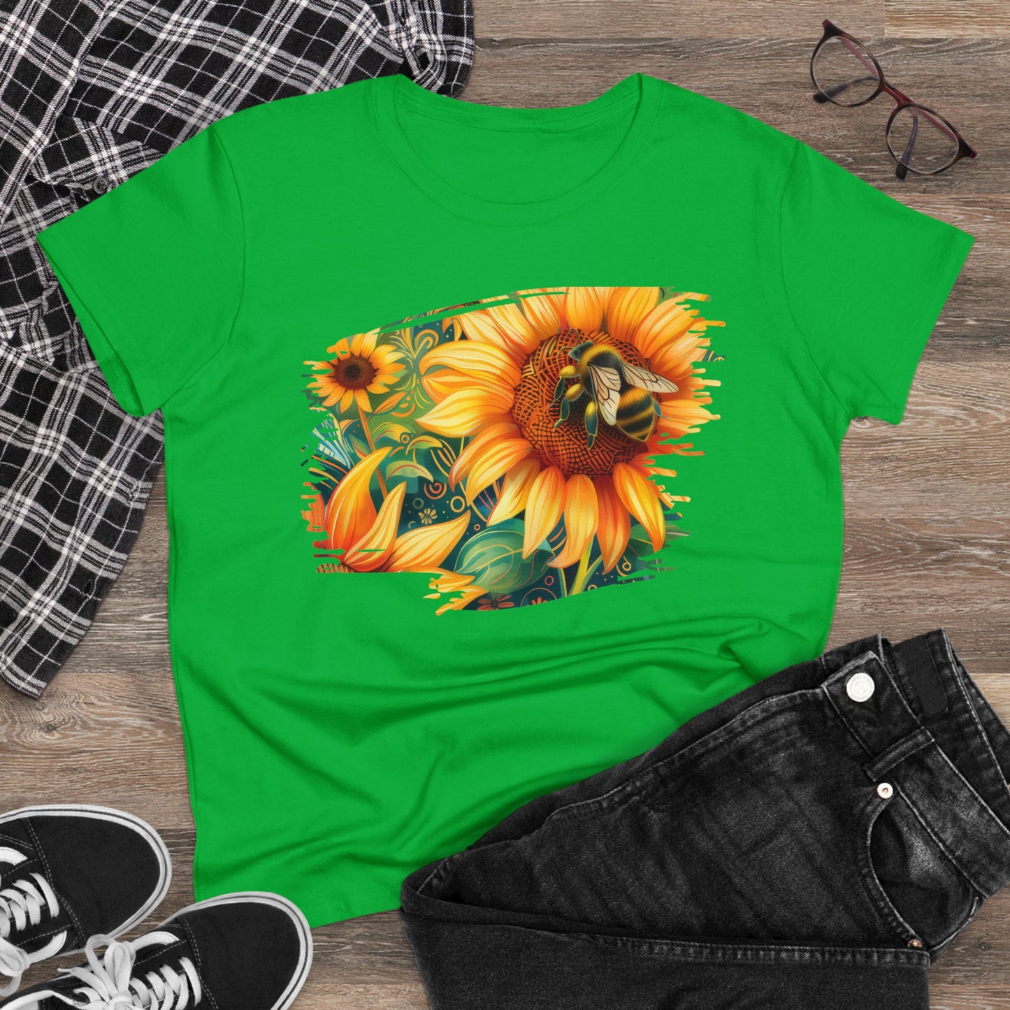 Sunflowers and Bee - Women's Midweight Cotton Tee