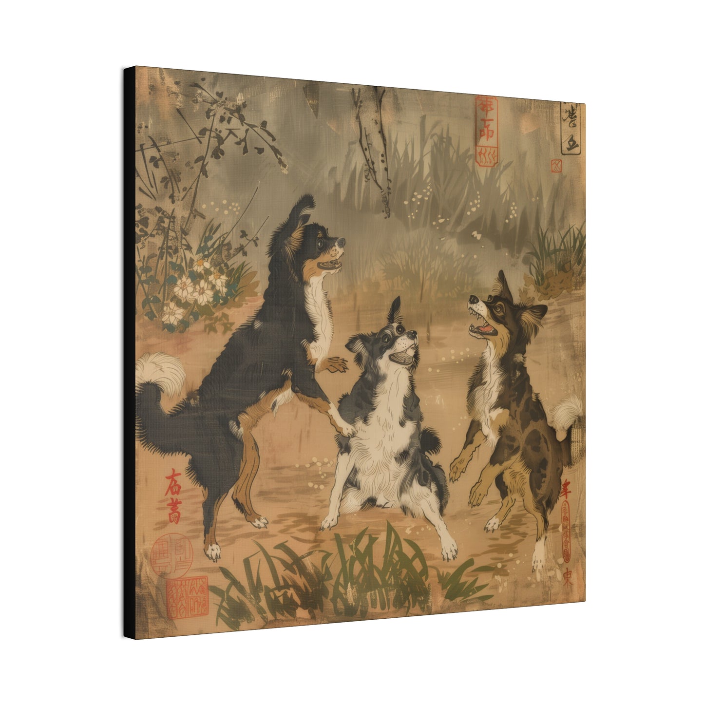 Woodblock Print Dogs - Canvas Stretched, 0.75"