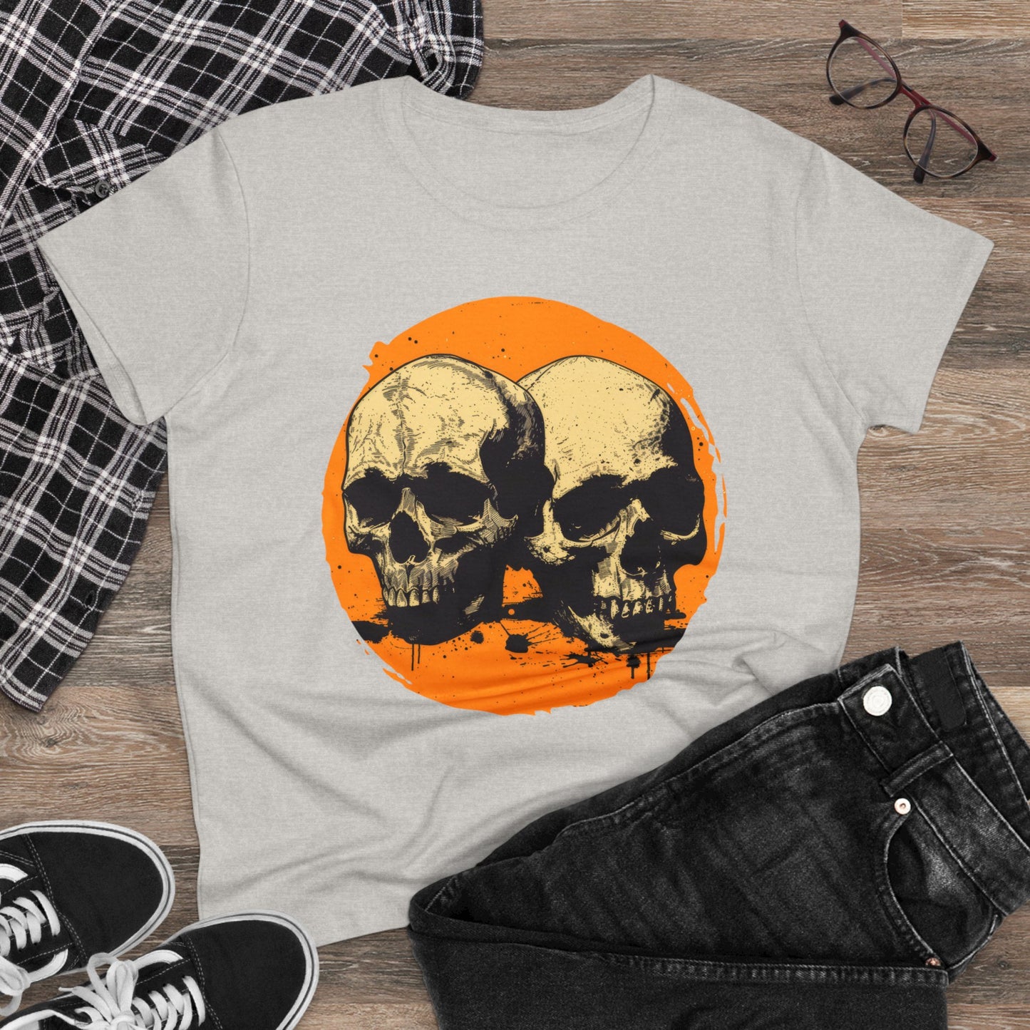 Skulls on Orange - Women's Midweight Cotton Tee