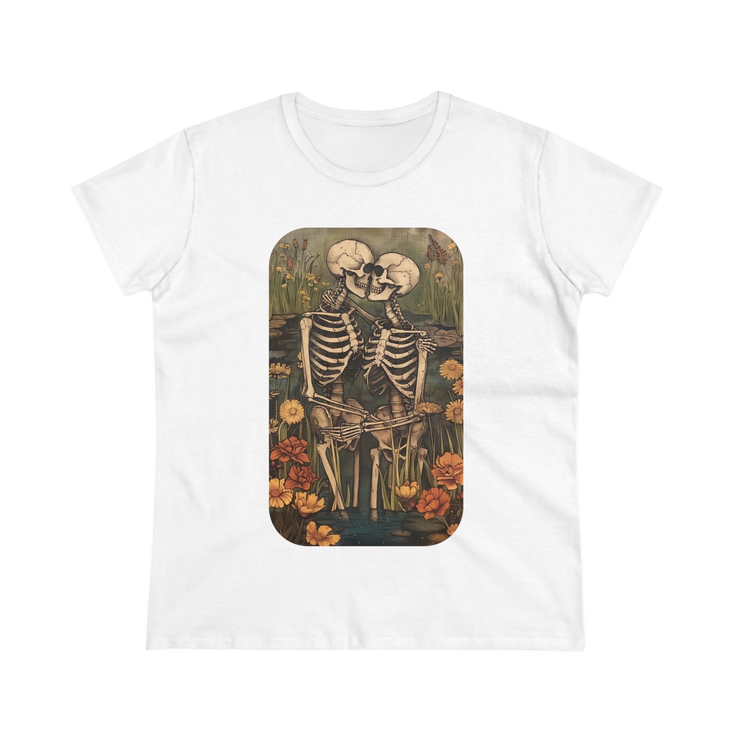 Skeleton Embrace - Flowers - Women's Midweight Cotton Tee