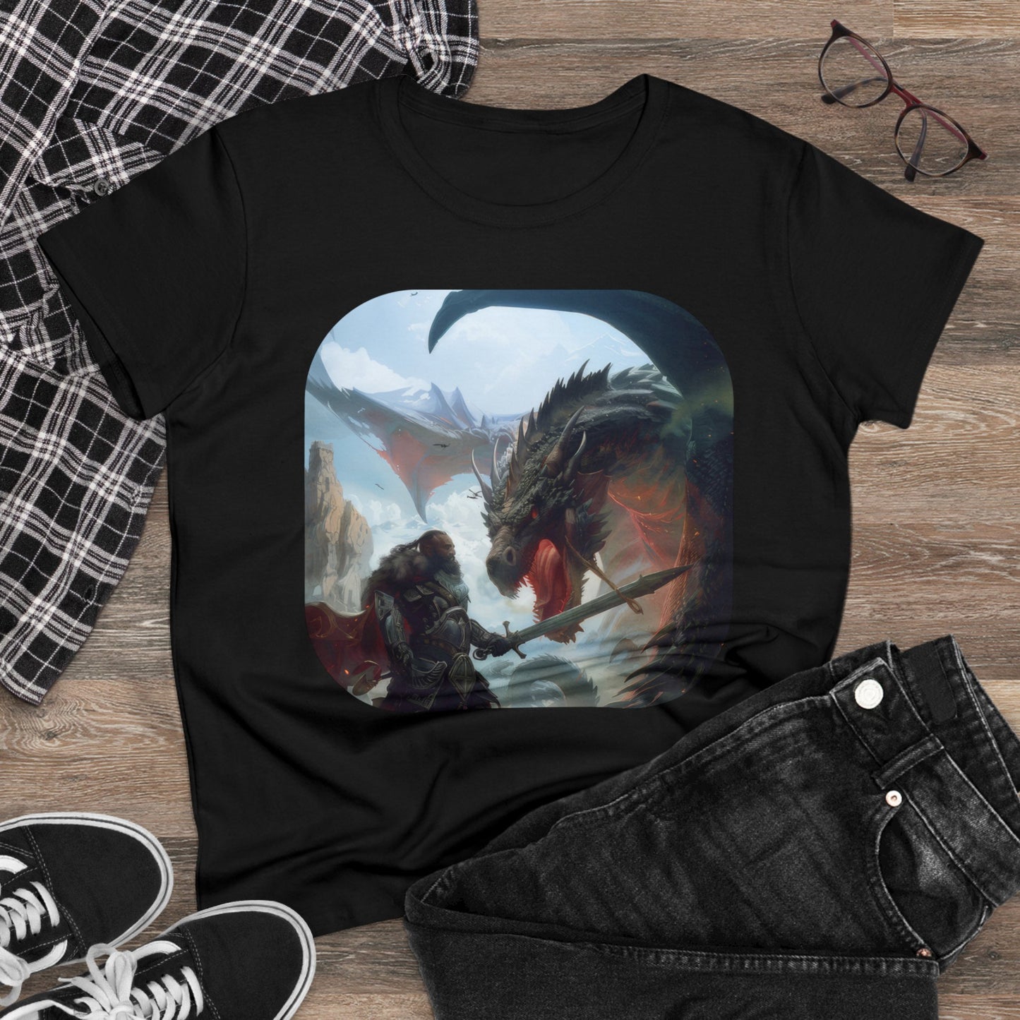 Fighter and Dragon - Fantasy - Women's Midweight Cotton Tee