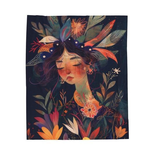 Girl With Flowers - Velveteen Plush Blanket