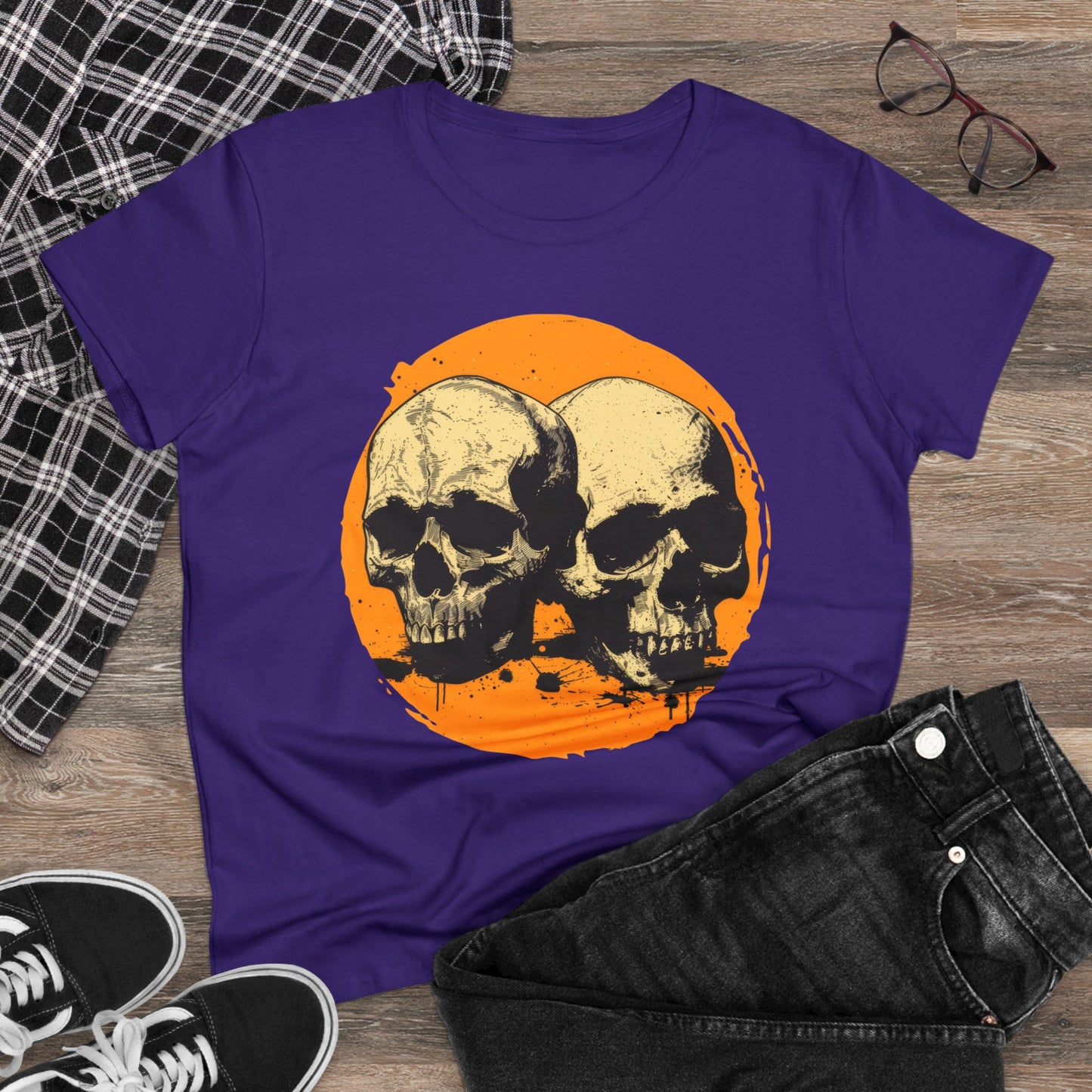 Skulls on Orange - Women's Midweight Cotton Tee