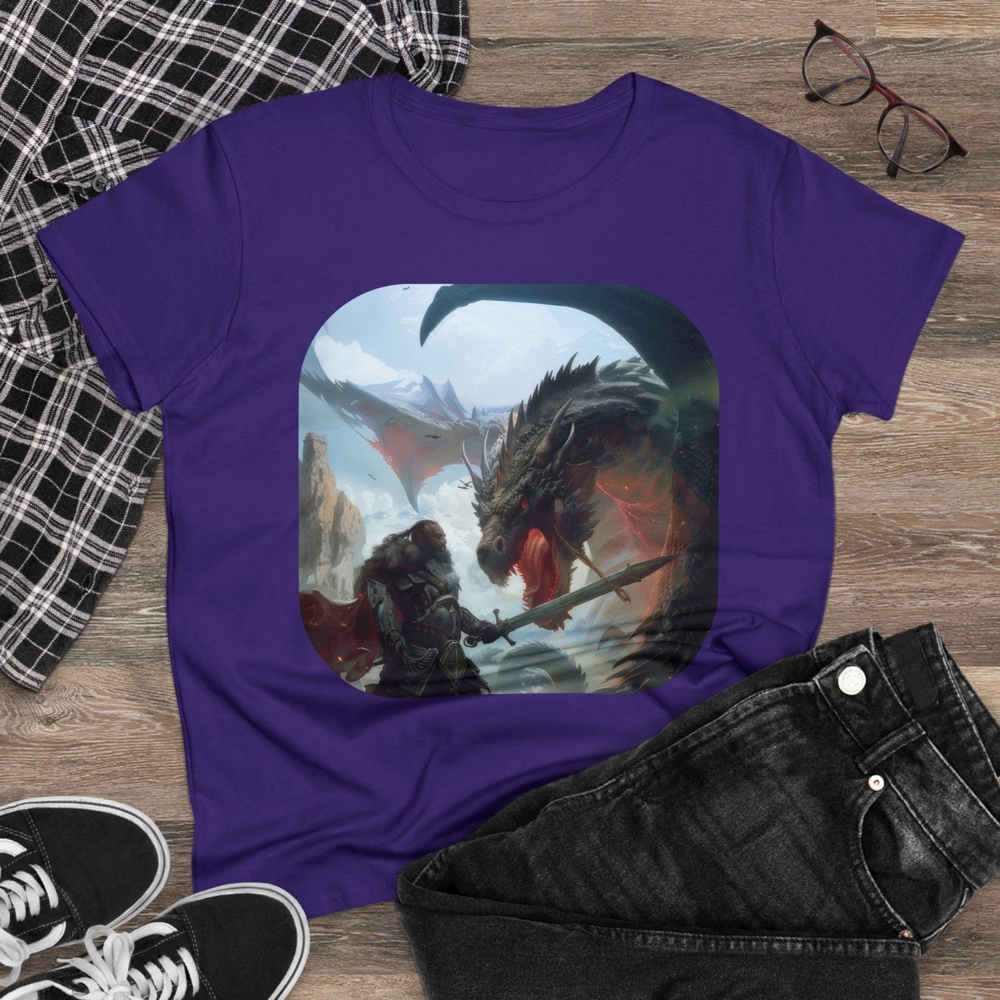 Fighter and Dragon - Fantasy - Women's Midweight Cotton Tee