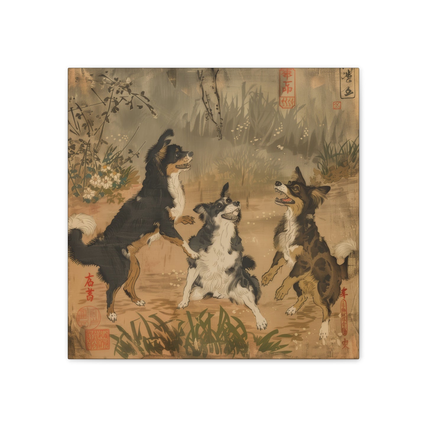 Woodblock Print Dogs - Canvas Stretched, 0.75"