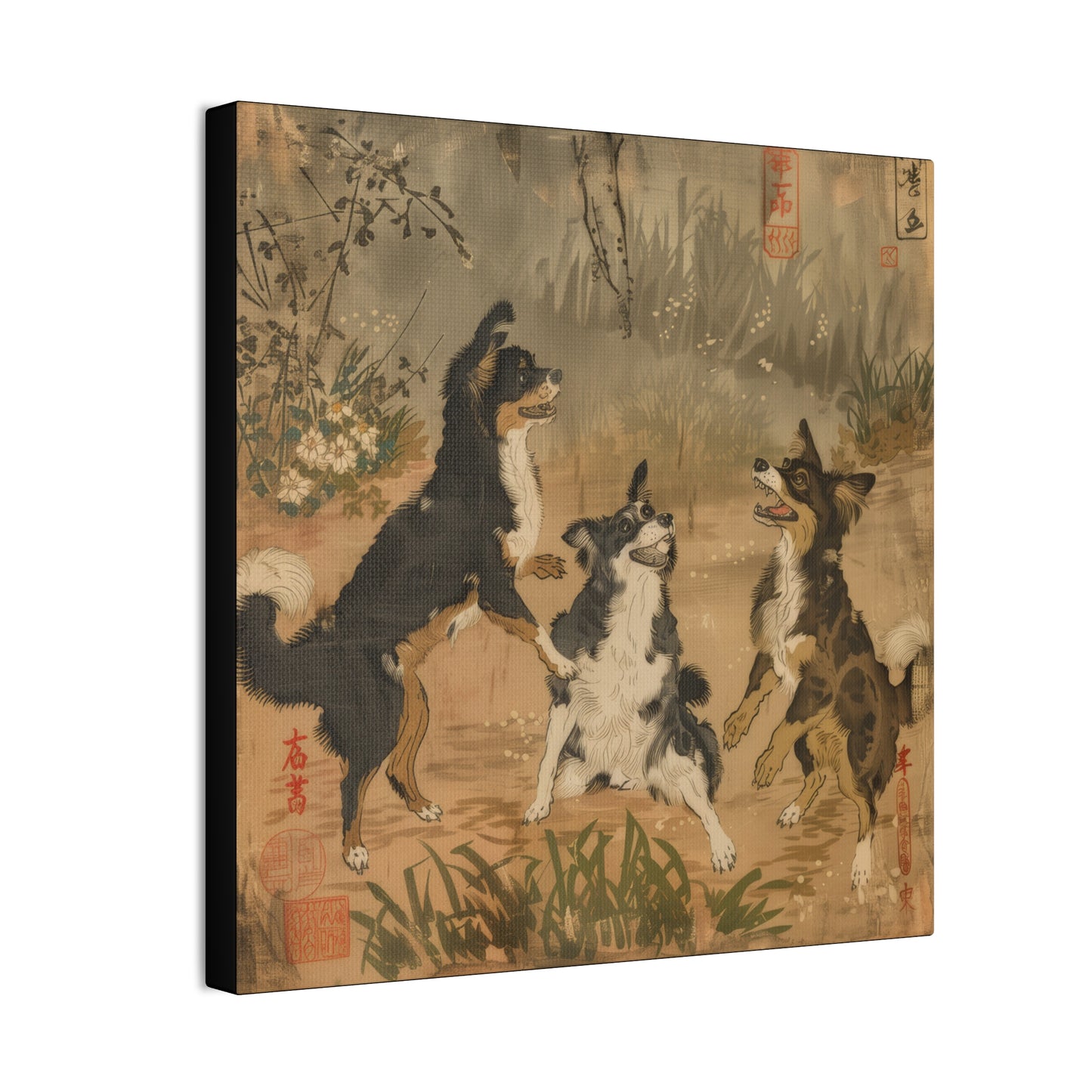 Woodblock Print Dogs - Canvas Stretched, 0.75"