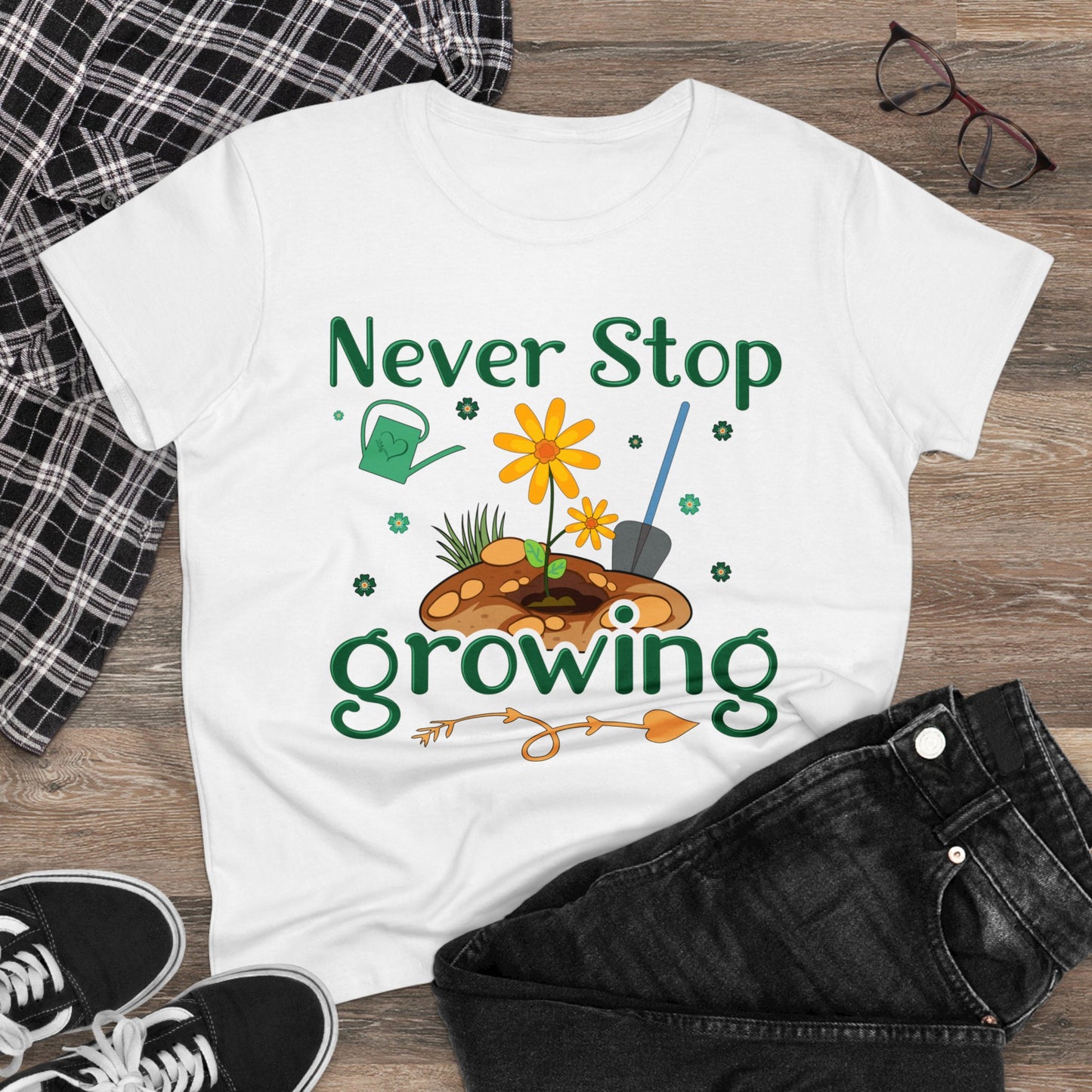 Never Stop Growing - Gardening - Women's Midweight Cotton Tee