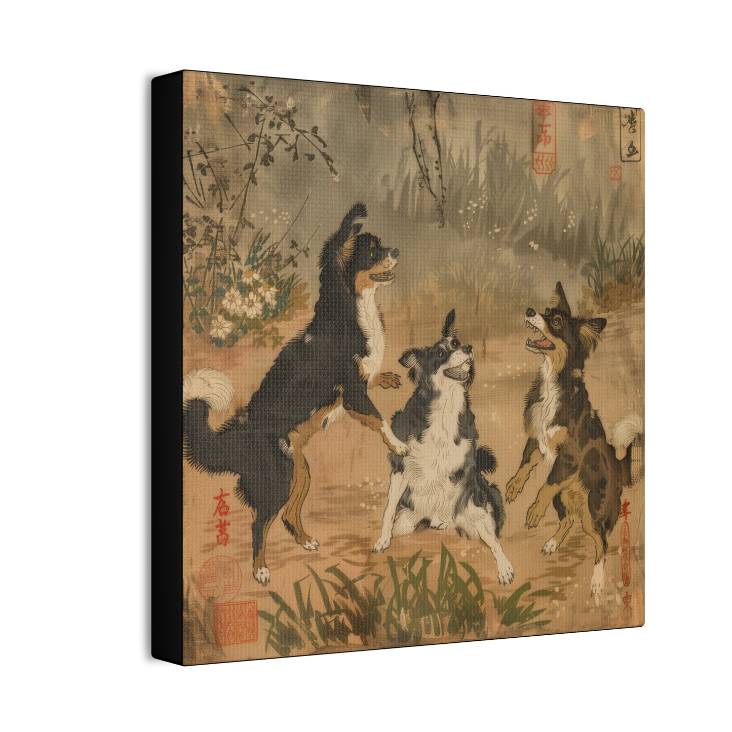 Woodblock Print Dogs - Canvas Stretched, 0.75"